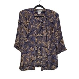 Vtg Samantha Stevens Blue & Tan Floral 3/4 Sleeve Kimono Top Size 12P 80s 90s